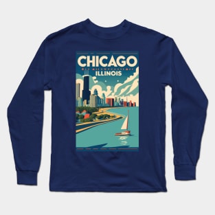 A Vintage Travel Art of Chicago - Illinois - US Long Sleeve T-Shirt